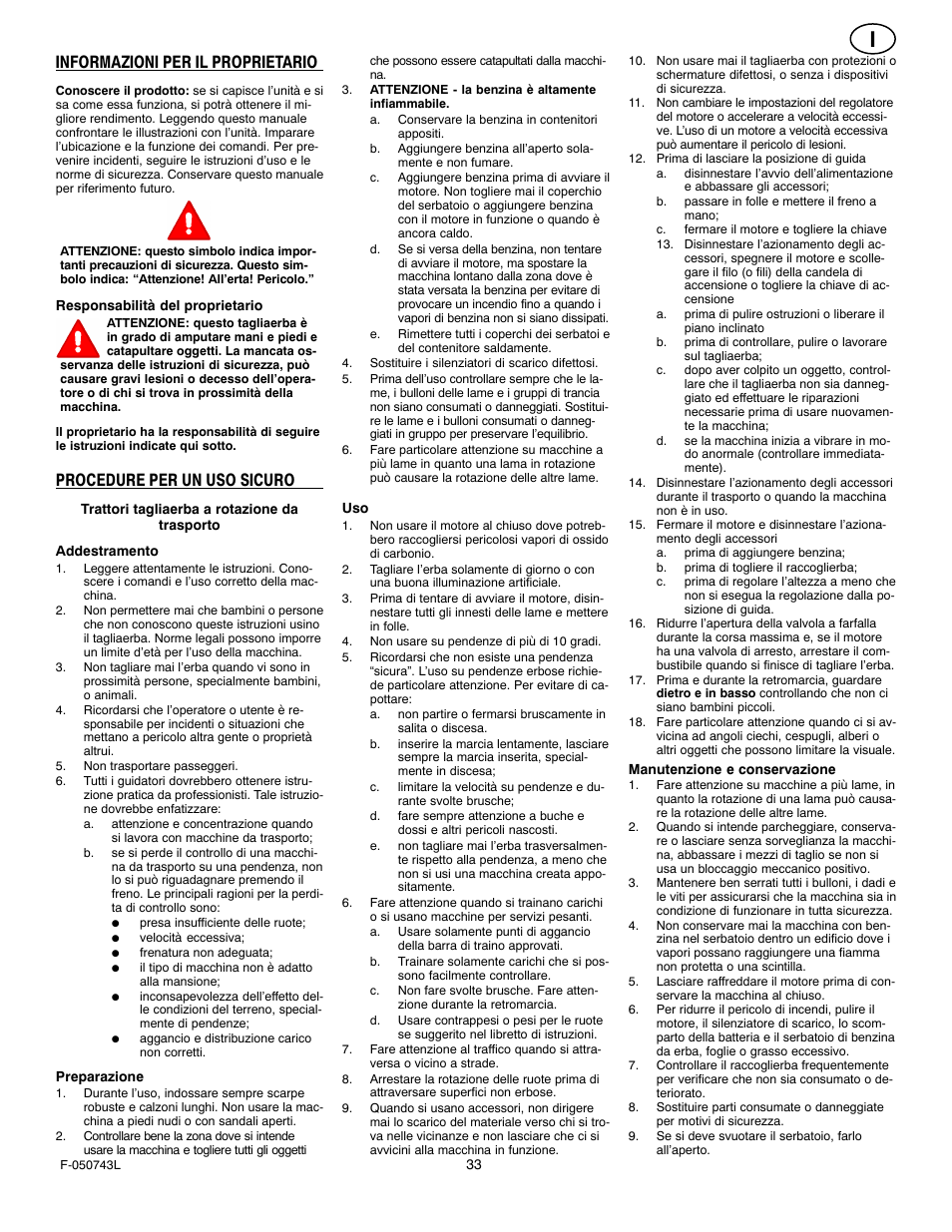Informazioni per il proprietario, Procedure per un uso sicuro | Hayter Mowers 405607x52A User Manual | Page 33 / 124