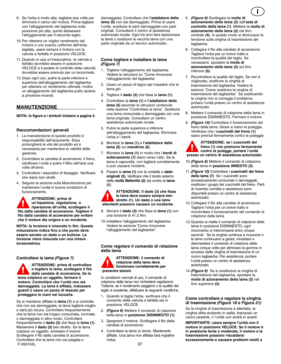Manutenzione | Hayter Mowers 405607x52A User Manual | Page 37 / 124