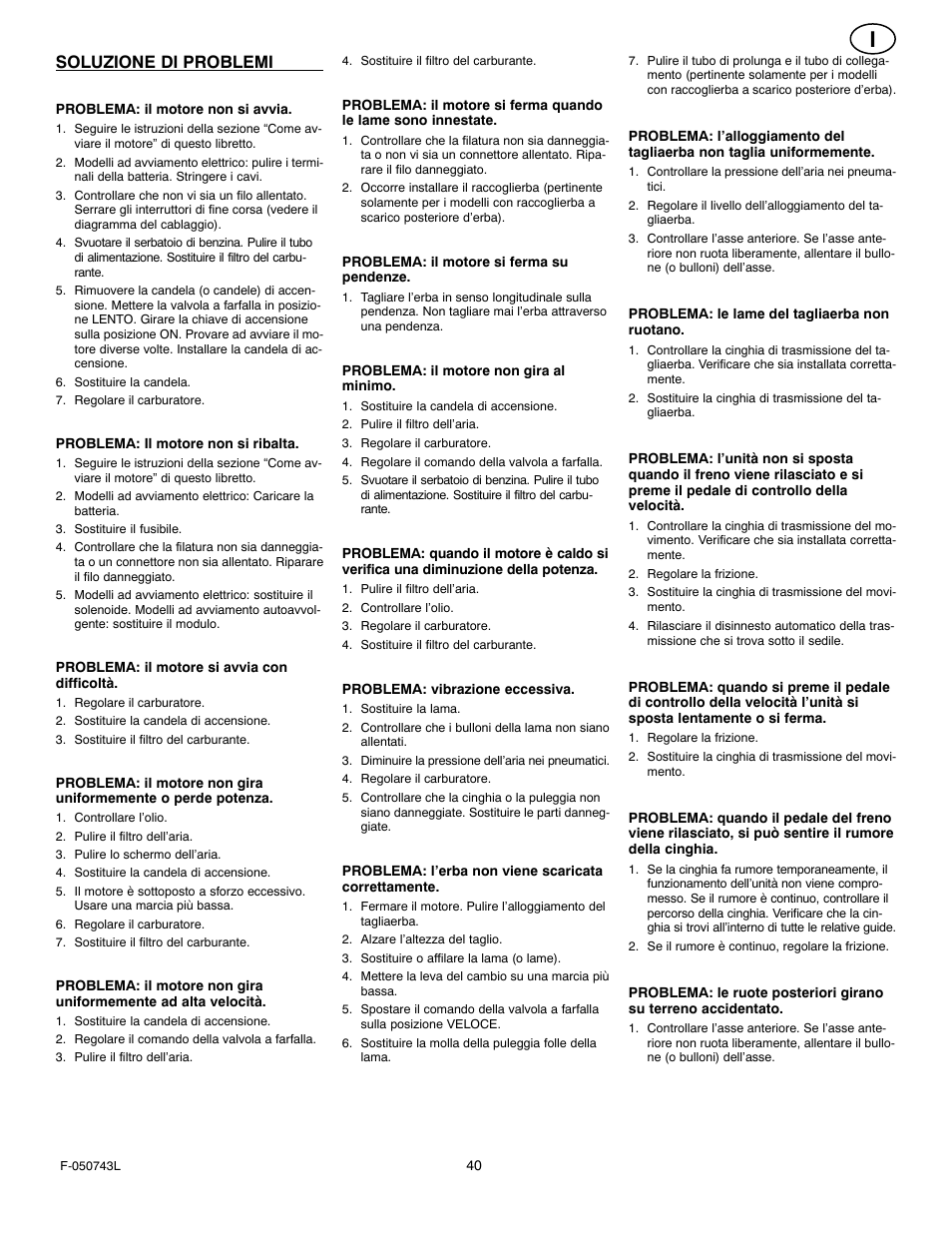Soluzione di problemi | Hayter Mowers 405607x52A User Manual | Page 40 / 124