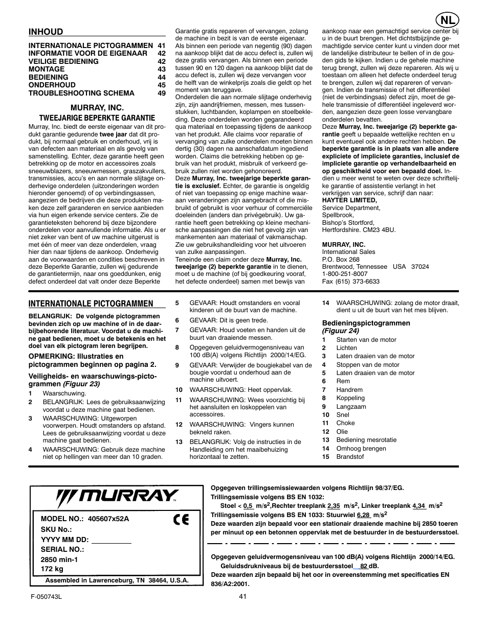 Inhoud, Internationale pictogrammen | Hayter Mowers 405607x52A User Manual | Page 41 / 124