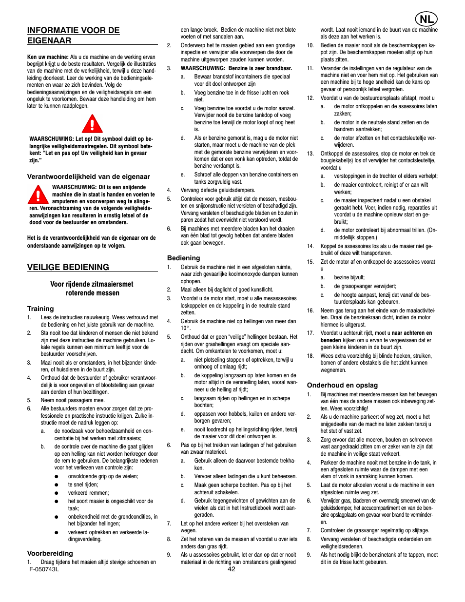 Informatie voor de eigenaar, Veilige bediening | Hayter Mowers 405607x52A User Manual | Page 42 / 124