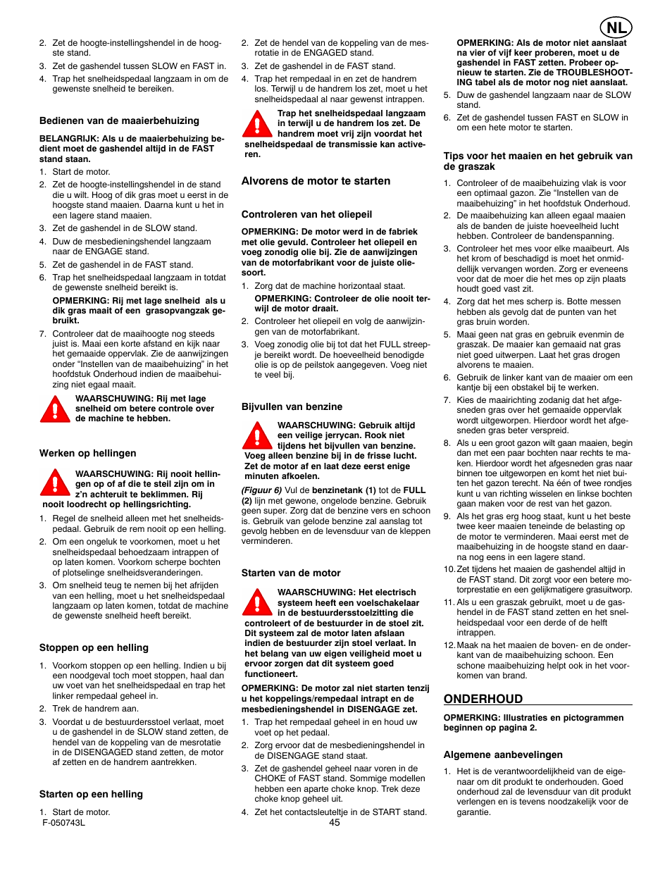 Onderhoud | Hayter Mowers 405607x52A User Manual | Page 45 / 124