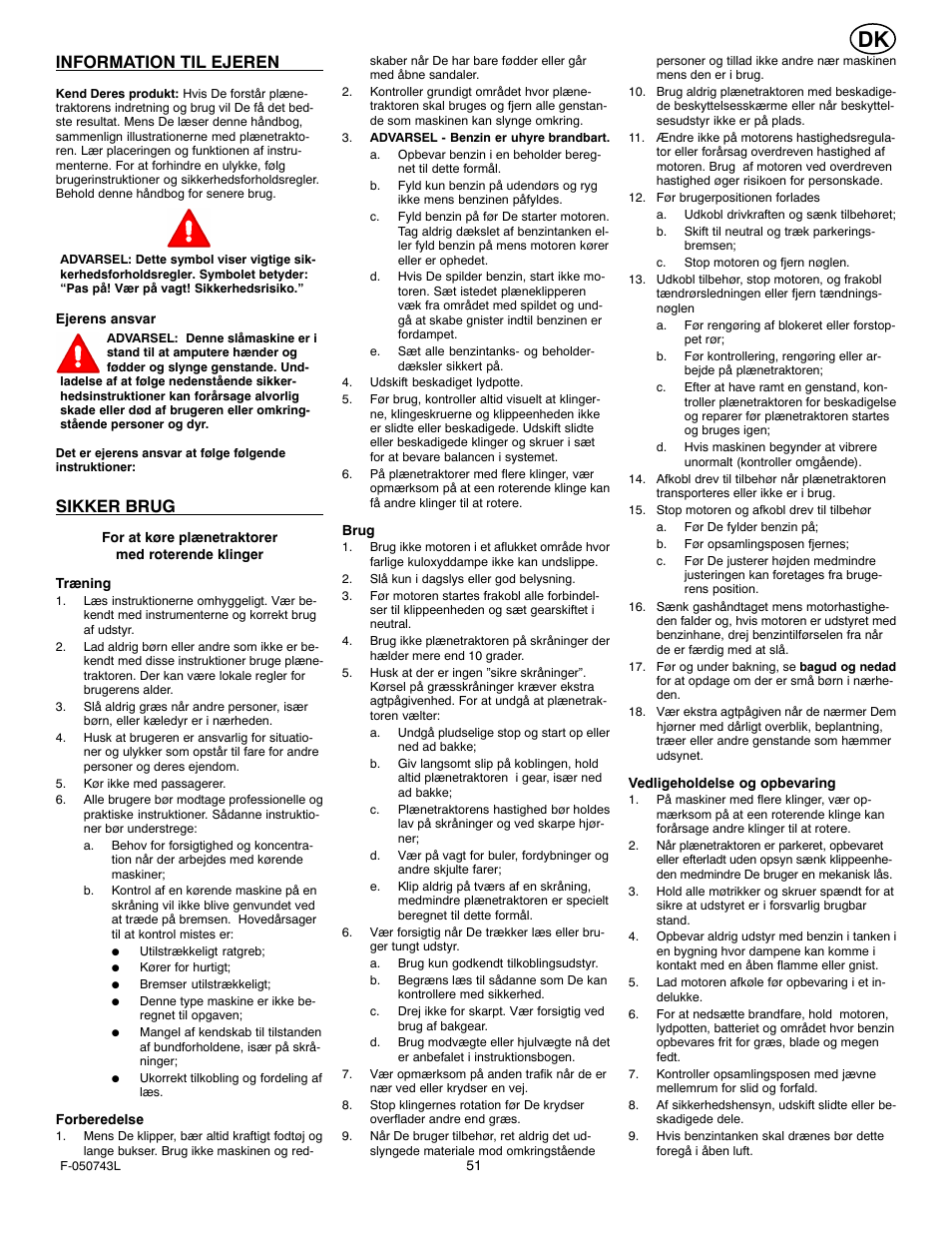 Information til ejeren, Sikker brug | Hayter Mowers 405607x52A User Manual | Page 51 / 124