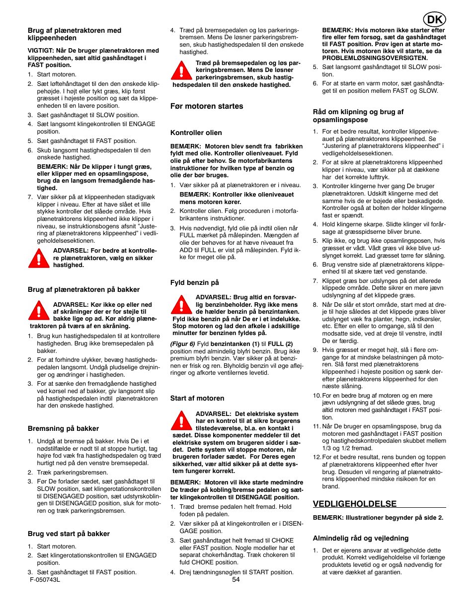 Vedligeholdelse | Hayter Mowers 405607x52A User Manual | Page 54 / 124