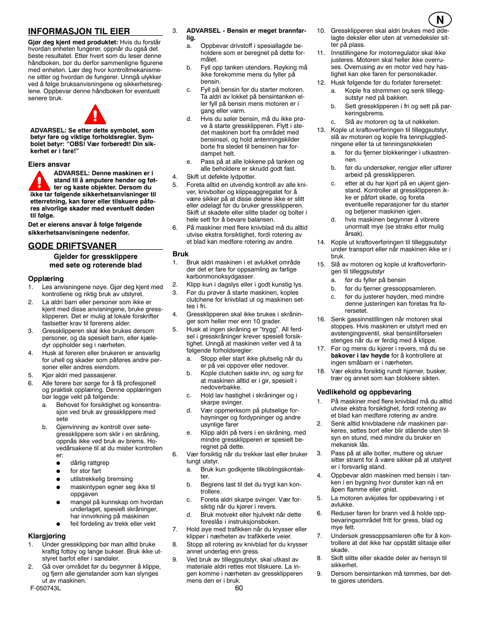 Informasjon til eier, Gode driftsvaner | Hayter Mowers 405607x52A User Manual | Page 60 / 124