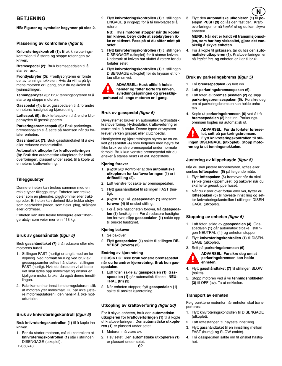 Betjening | Hayter Mowers 405607x52A User Manual | Page 62 / 124