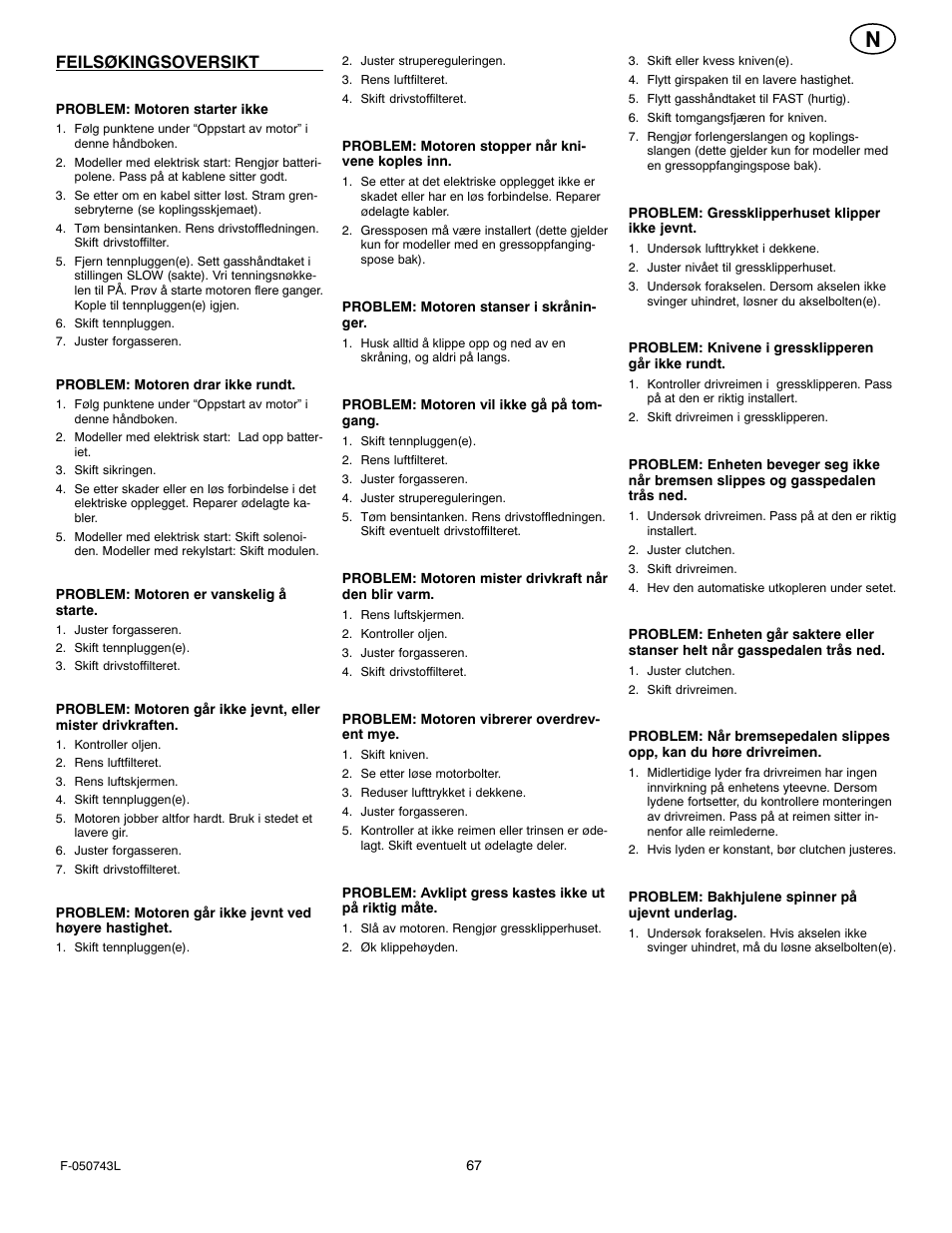 Feilsøkingsoversikt | Hayter Mowers 405607x52A User Manual | Page 67 / 124