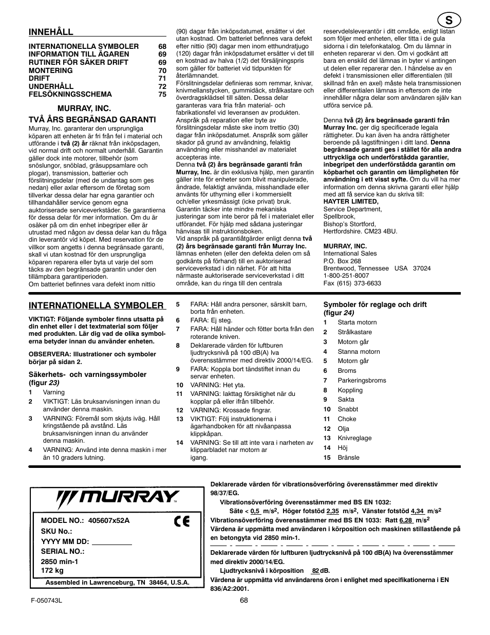 Innehåll, Internationella symboler | Hayter Mowers 405607x52A User Manual | Page 68 / 124