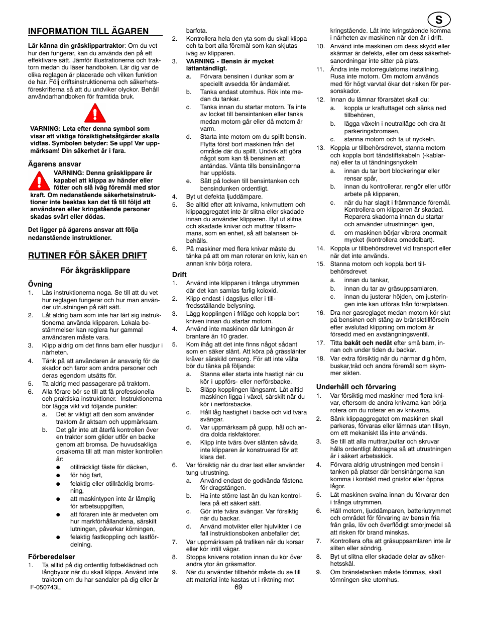 Information till ägaren, Rutiner för säker drift | Hayter Mowers 405607x52A User Manual | Page 69 / 124
