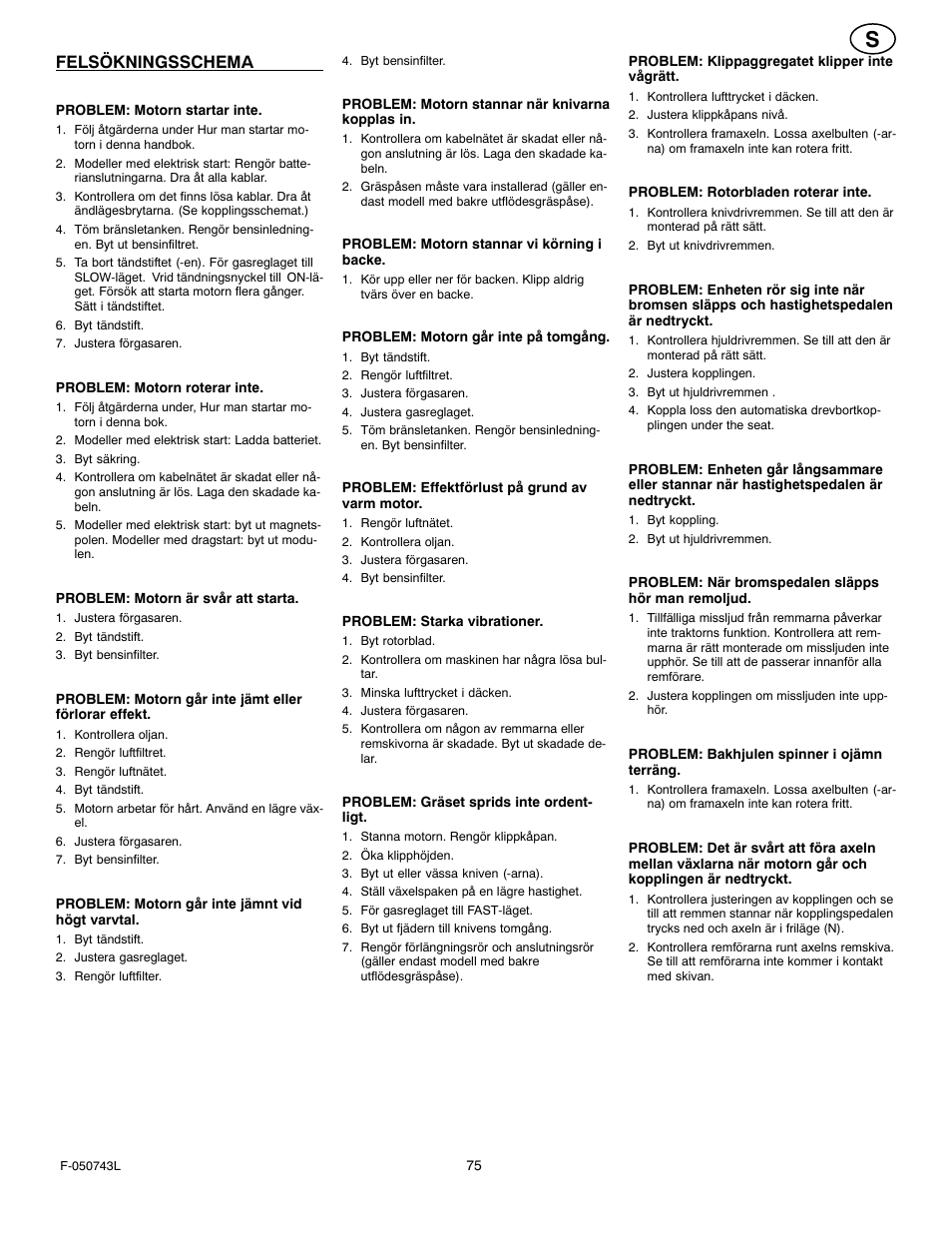 Felsökningsschema | Hayter Mowers 405607x52A User Manual | Page 75 / 124