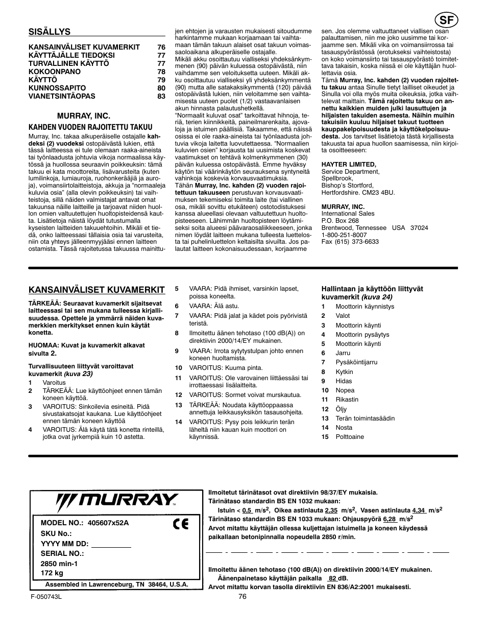 Sisällys, Kansainväliset kuvamerkit | Hayter Mowers 405607x52A User Manual | Page 76 / 124