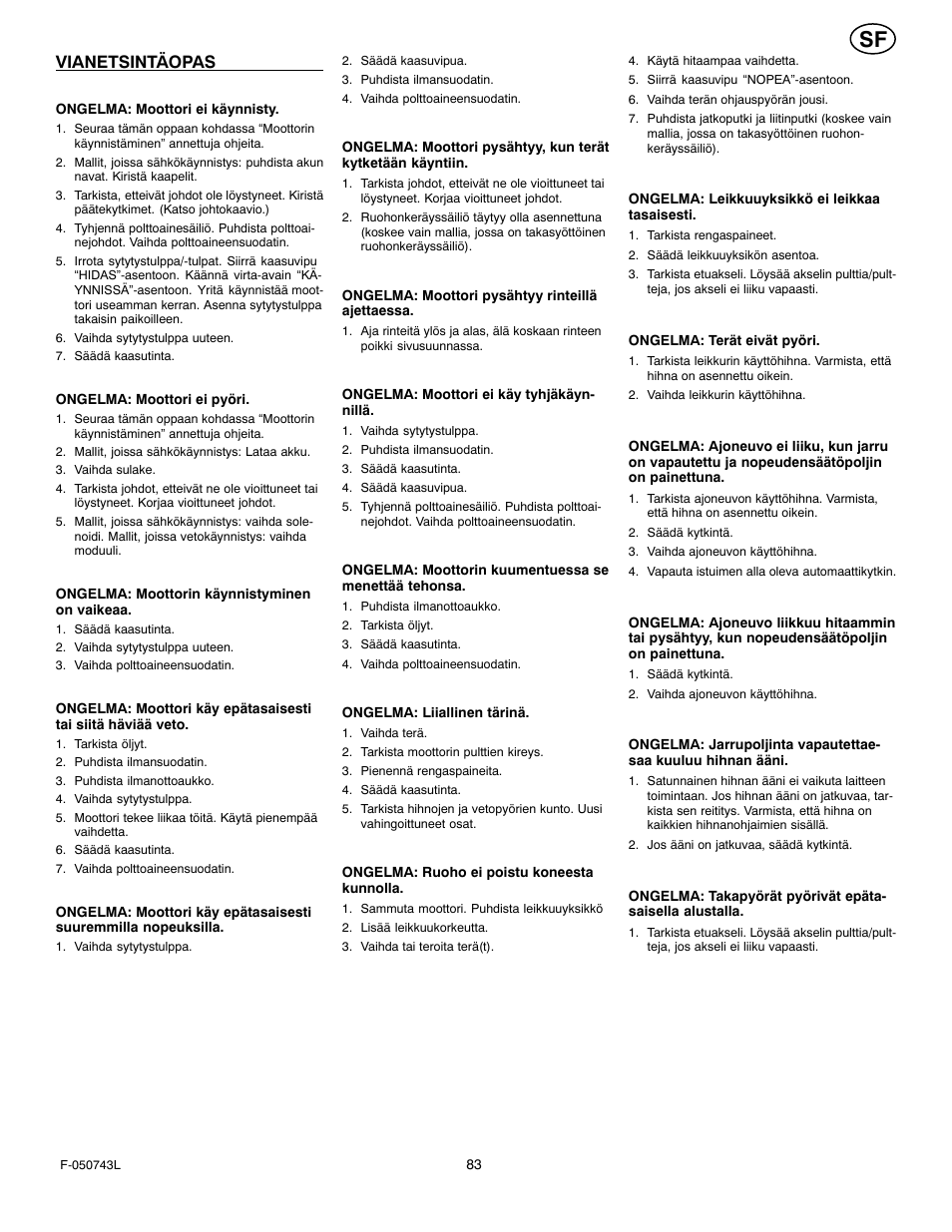 Vianetsintäopas | Hayter Mowers 405607x52A User Manual | Page 83 / 124
