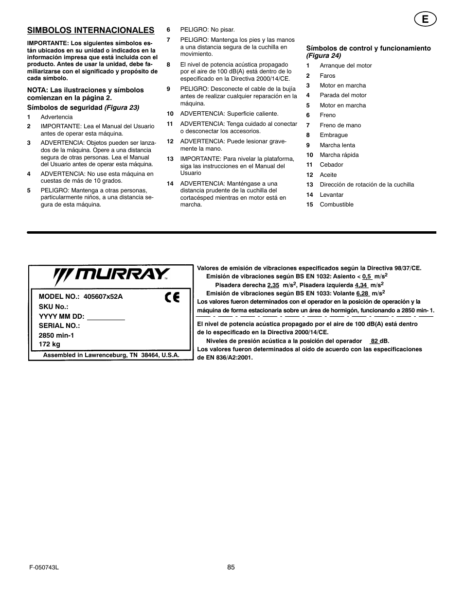 Simbolos internacionales | Hayter Mowers 405607x52A User Manual | Page 85 / 124