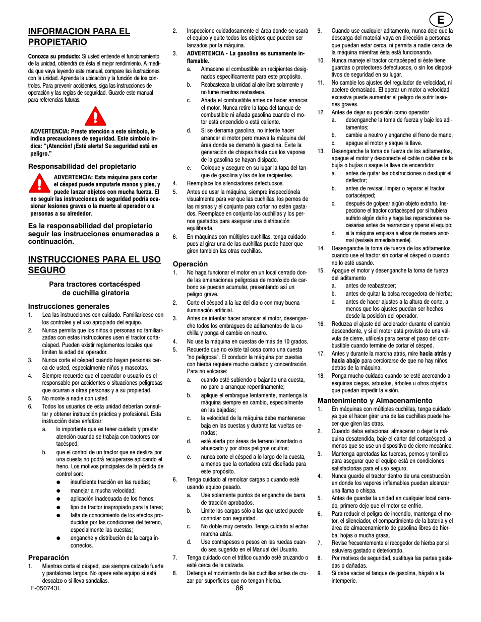 Informacion para el propietario, Instrucciones para el uso seguro | Hayter Mowers 405607x52A User Manual | Page 86 / 124