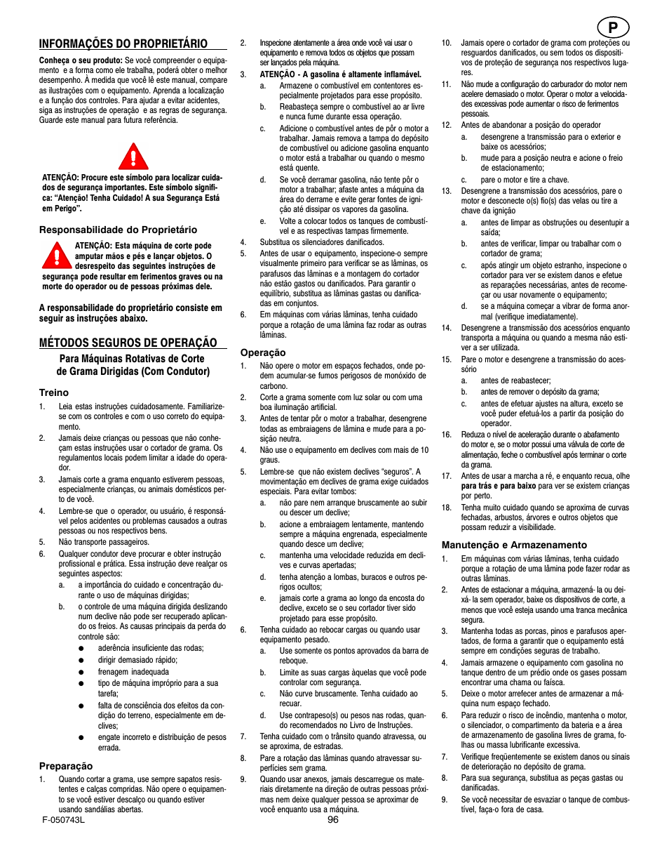 Informações do proprietário, Métodos seguros de operação | Hayter Mowers 405607x52A User Manual | Page 96 / 124