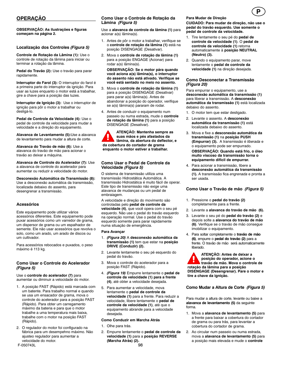 Operação | Hayter Mowers 405607x52A User Manual | Page 98 / 124