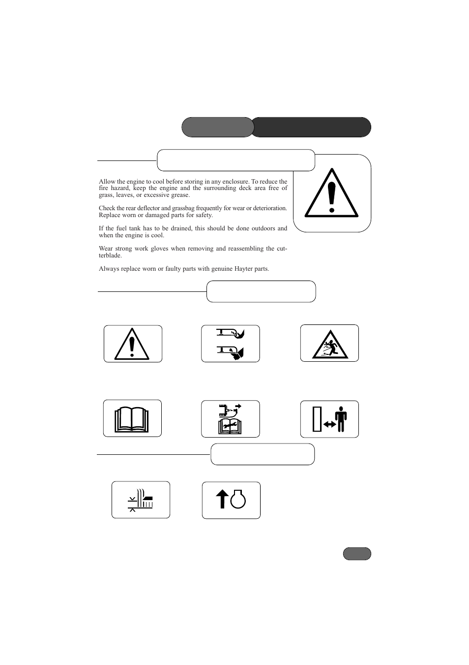 Maintenance & storage precautions, Safety symbols, Decal symbols | Safety | Hayter Mowers Jubilee 424V User Manual | Page 9 / 36