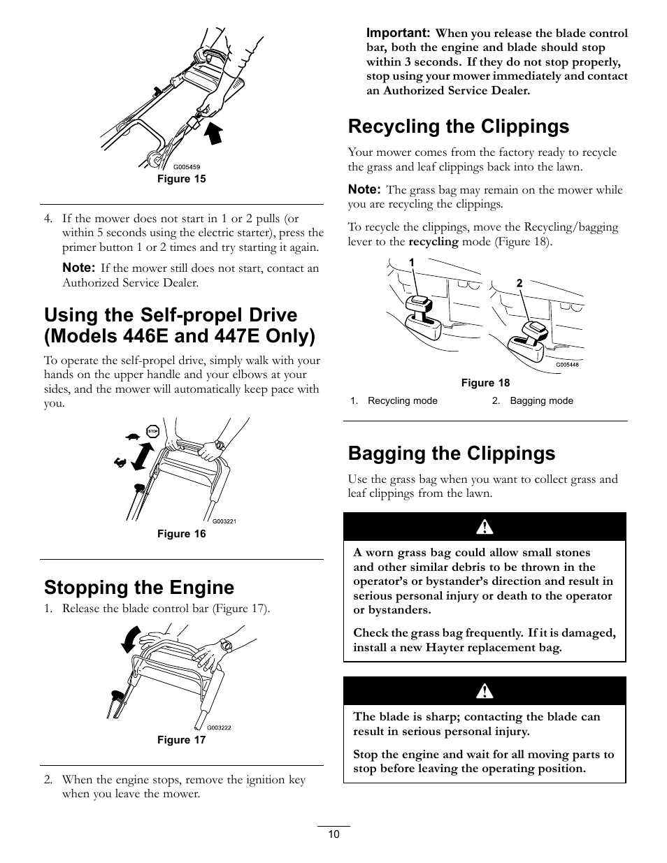 Using the self-propel drive (models 446e and, 447e only), Figure 15 | Stopping the engine, Recycling the clippings, Bagging the clippings | Hayter Mowers R48 Recycling Mower 446E User Manual | Page 10 / 24