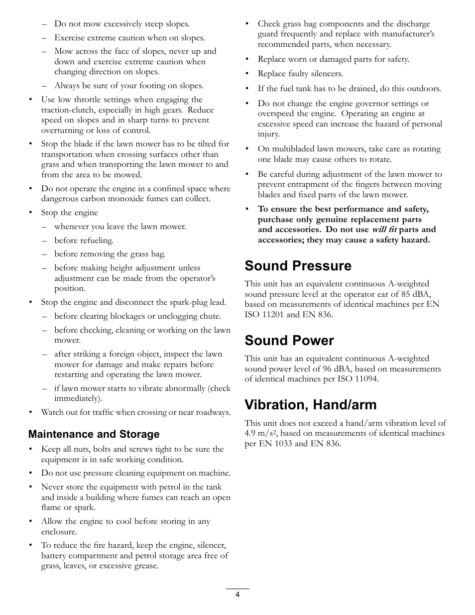 Sound pressure sound power vibration, hand/arm, Sound pressure, Sound power | Vibration, hand/arm | Hayter Mowers R48 Recycling Mower 446E User Manual | Page 4 / 24