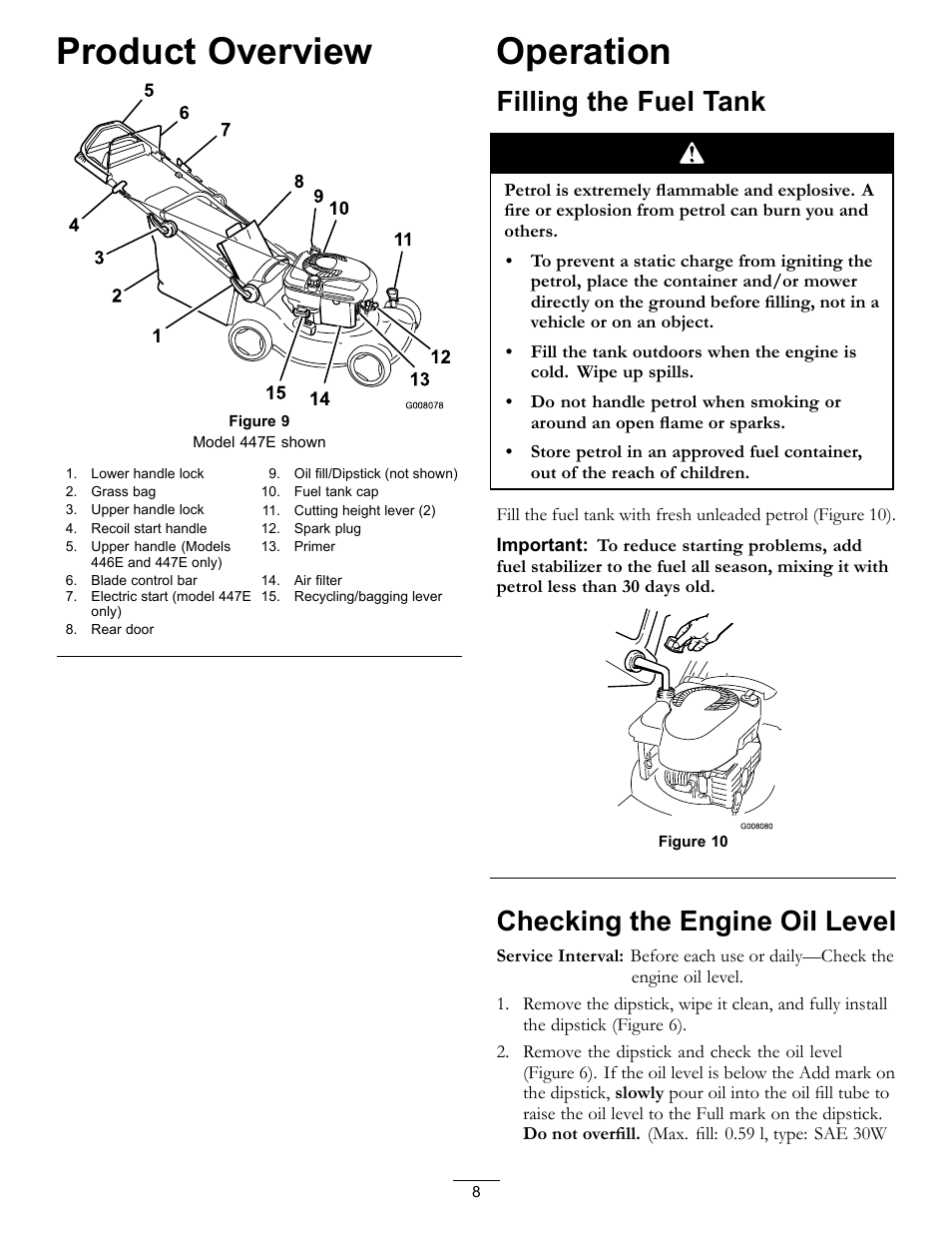 Product overview operation, Product overview, Operation | Filling the fuel tank, Checking the engine oil level | Hayter Mowers R48 Recycling Mower 446E User Manual | Page 8 / 24