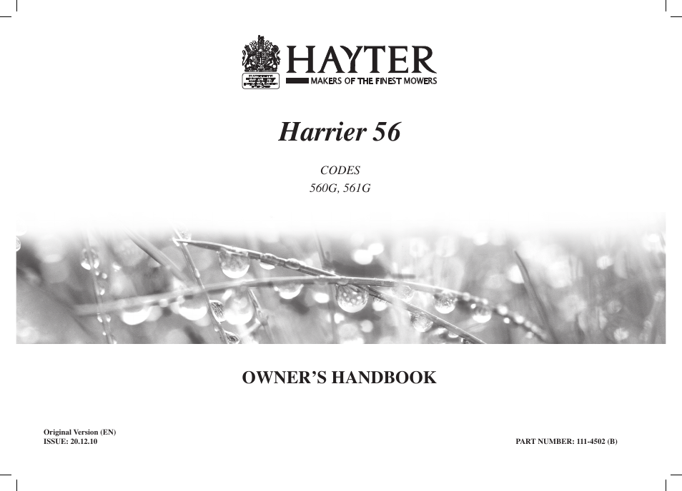 Hayter Mowers Harrier 56 561G User Manual | 20 pages