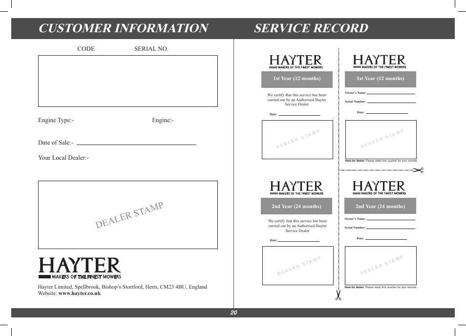 Customer information service record, Dealer st amp | Hayter Mowers Harrier 56 561G User Manual | Page 20 / 20