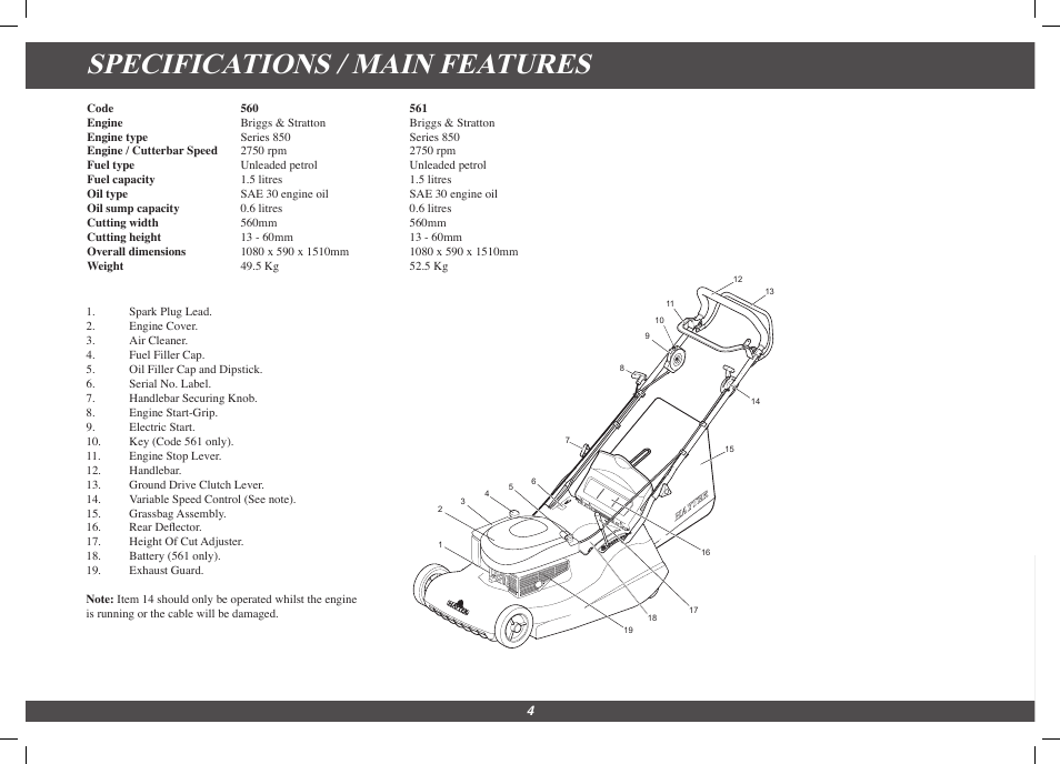 Specifications / main features | Hayter Mowers Harrier 56 561G User Manual | Page 4 / 20