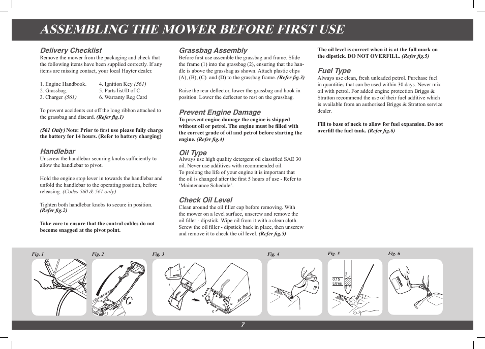 Assembling the mower before first use, Delivery checklist, Handlebar | Grassbag assembly, Prevent engine damage, Oil type, Check oil level, Fuel type | Hayter Mowers Harrier 56 561G User Manual | Page 7 / 20