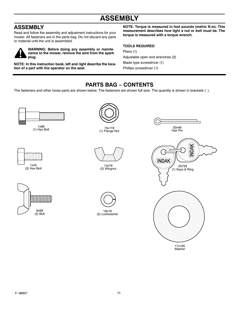 Assembly, Parts bag − contents | Hayter Mowers Heritage Tractor Code143P 30-Dec User Manual | Page 11 / 52