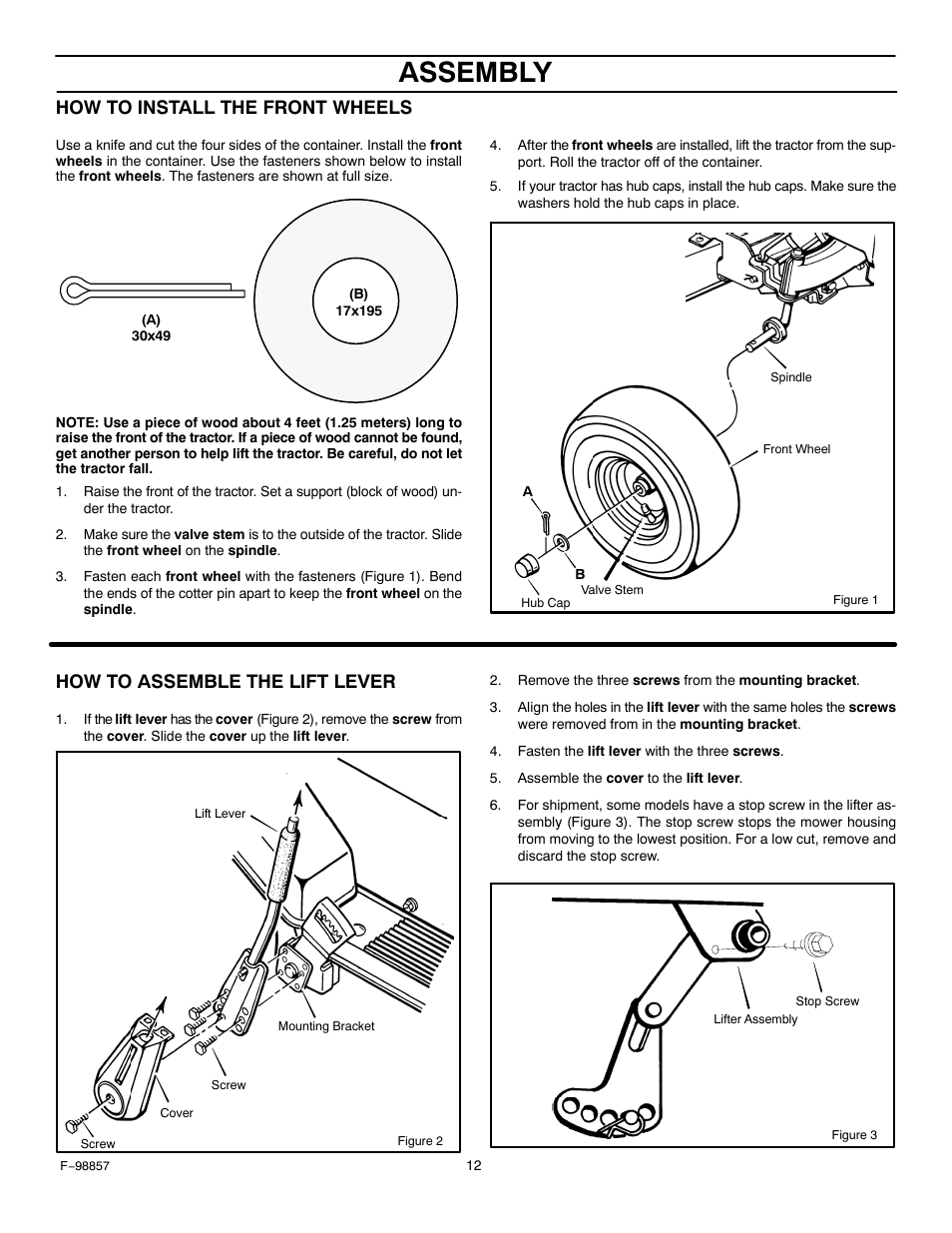 Assembly, How to install the front wheels, How to assemble the lift lever | Hayter Mowers Heritage Tractor Code143P 30-Dec User Manual | Page 12 / 52