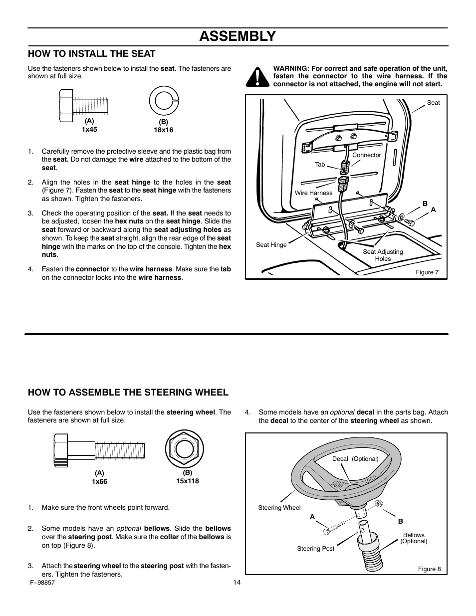 Assembly, How to install the seat, How to assemble the steering wheel | Hayter Mowers Heritage Tractor Code143P 30-Dec User Manual | Page 14 / 52