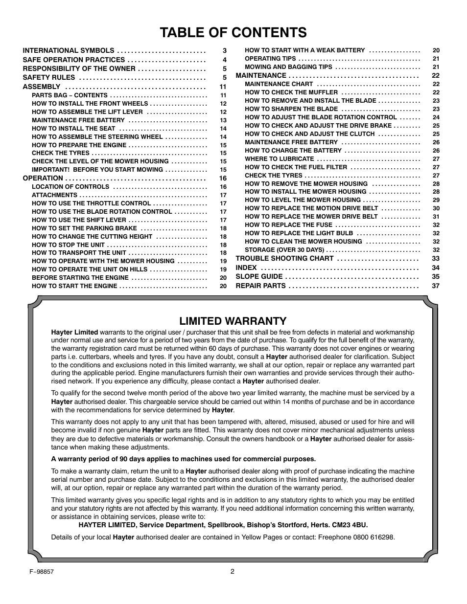 Hayter Mowers Heritage Tractor Code143P 30-Dec User Manual | Page 2 / 52