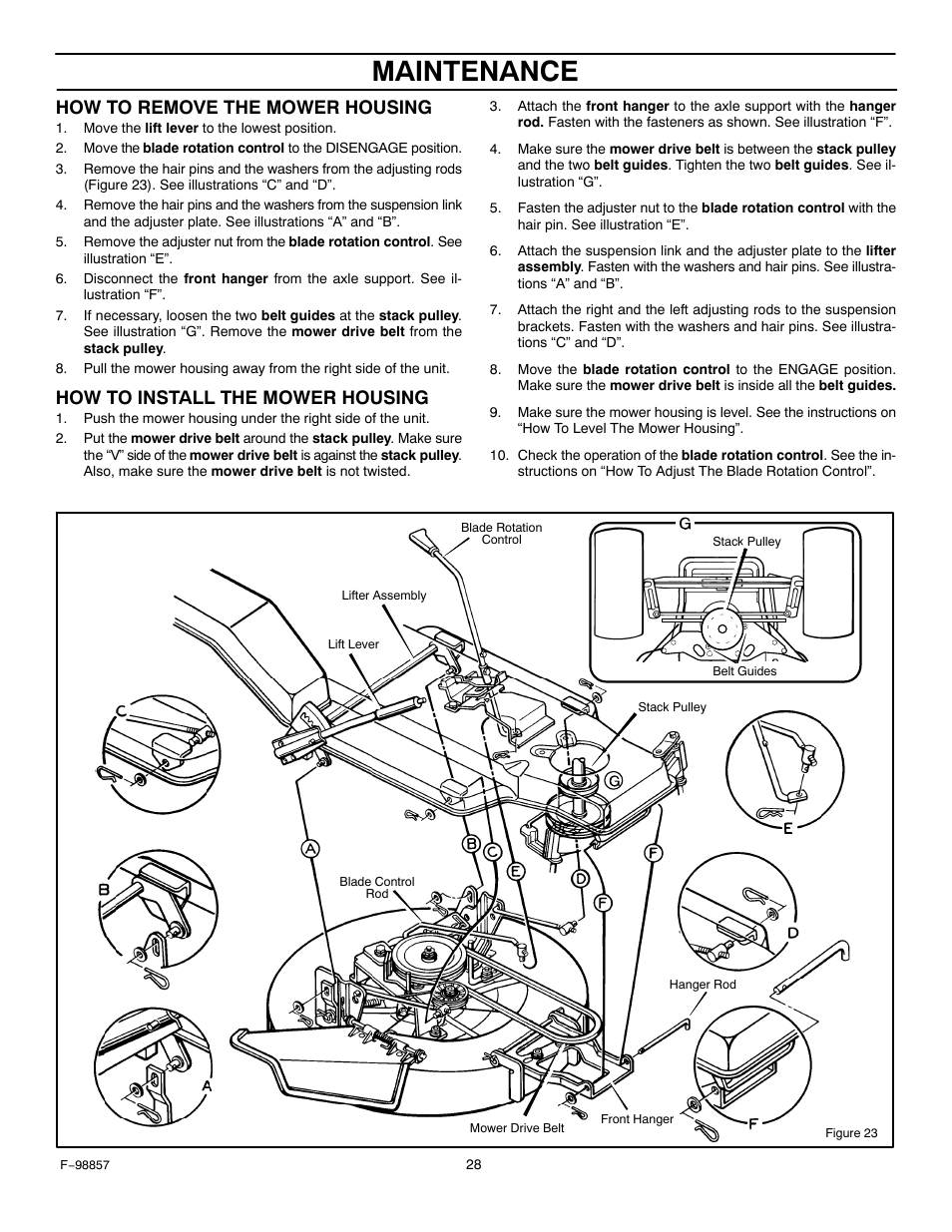 Maintenance, How to remove the mower housing, How to install the mower housing | Hayter Mowers Heritage Tractor Code143P 30-Dec User Manual | Page 28 / 52
