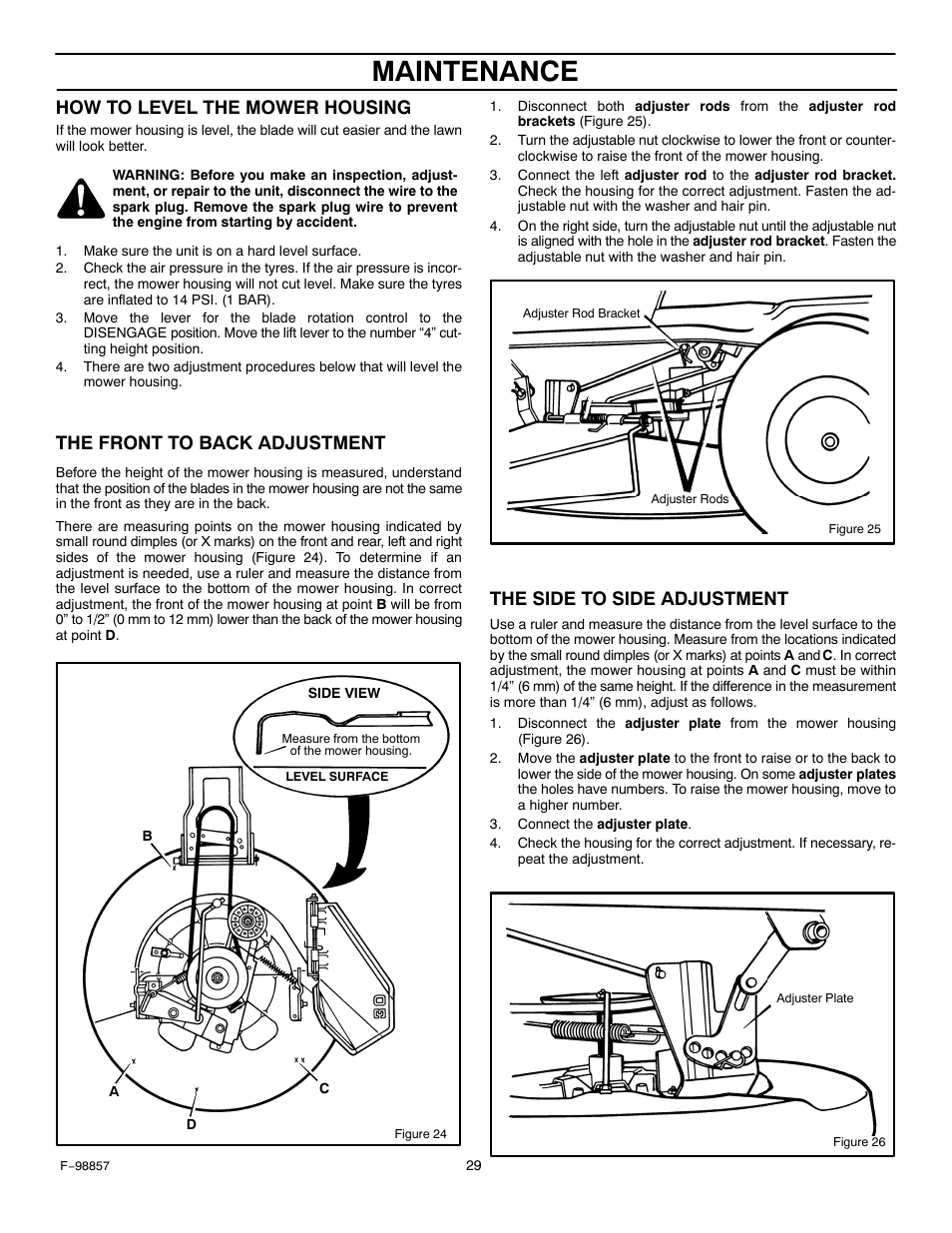 Maintenance, How to level the mower housing, The front to back adjustment | The side to side adjustment | Hayter Mowers Heritage Tractor Code143P 30-Dec User Manual | Page 29 / 52