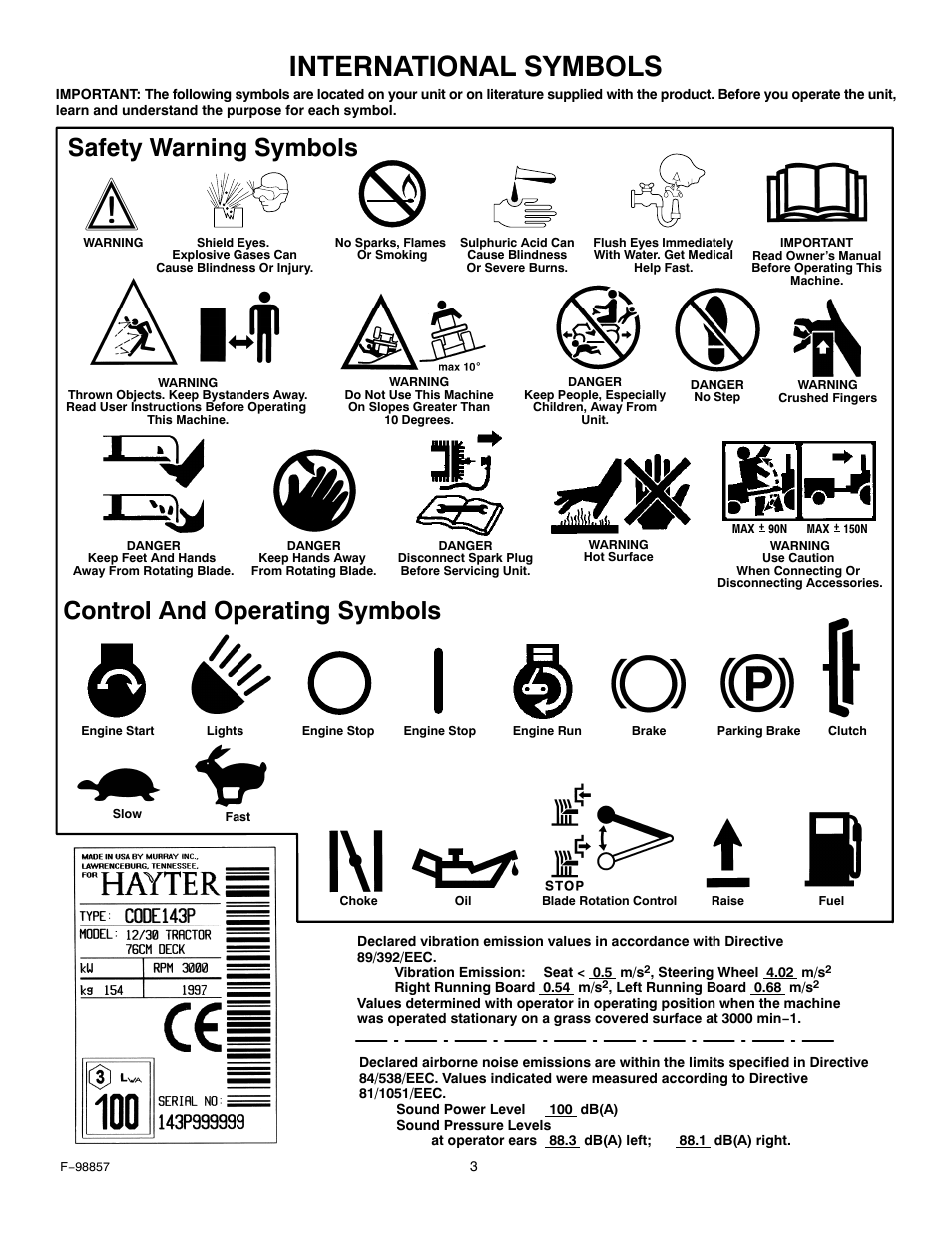 International symbols | Hayter Mowers Heritage Tractor Code143P 30-Dec User Manual | Page 3 / 52