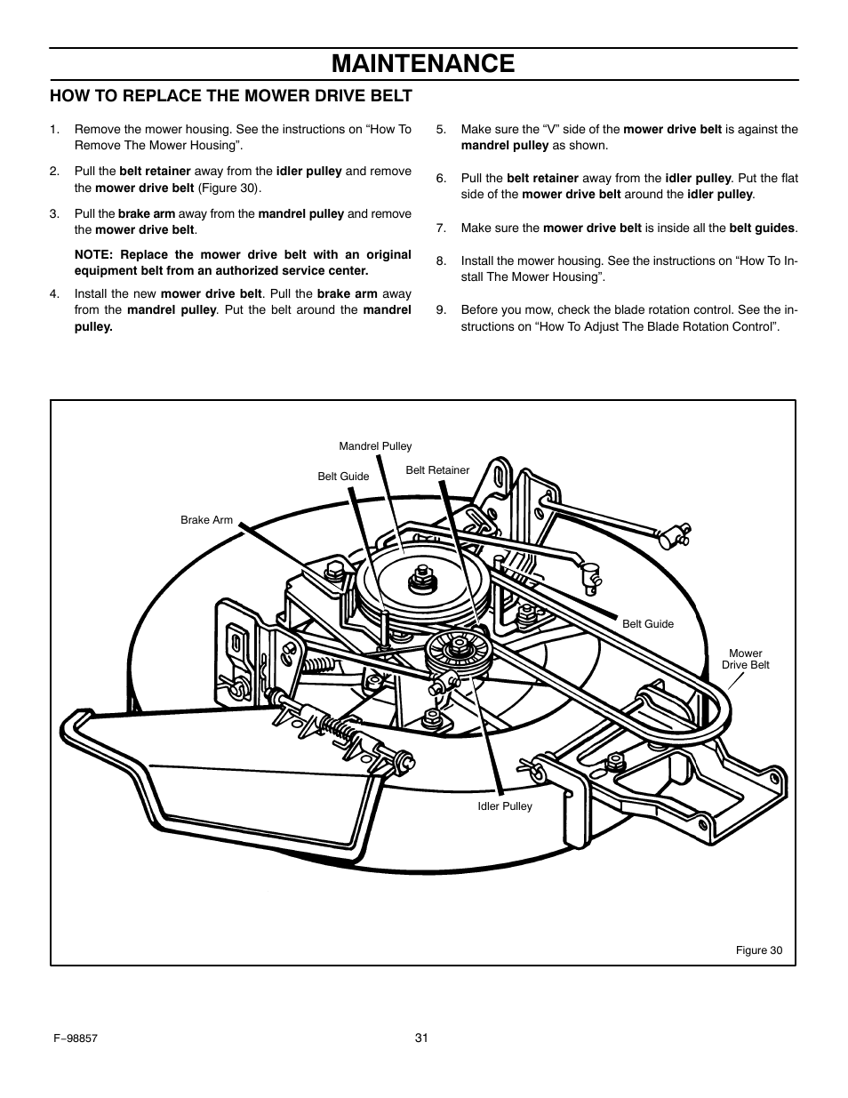 Maintenance, How to replace the mower drive belt | Hayter Mowers Heritage Tractor Code143P 30-Dec User Manual | Page 31 / 52
