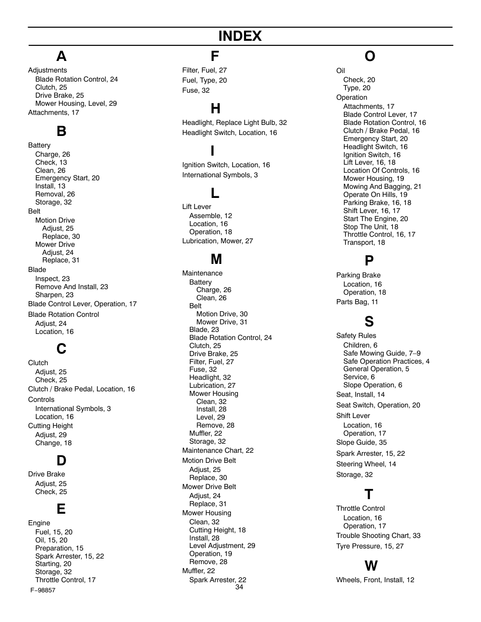 Index | Hayter Mowers Heritage Tractor Code143P 30-Dec User Manual | Page 34 / 52