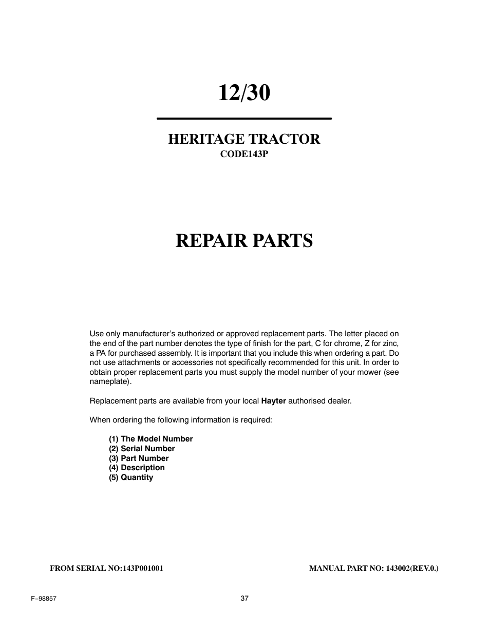Repair parts, Heritage tractor | Hayter Mowers Heritage Tractor Code143P 30-Dec User Manual | Page 37 / 52