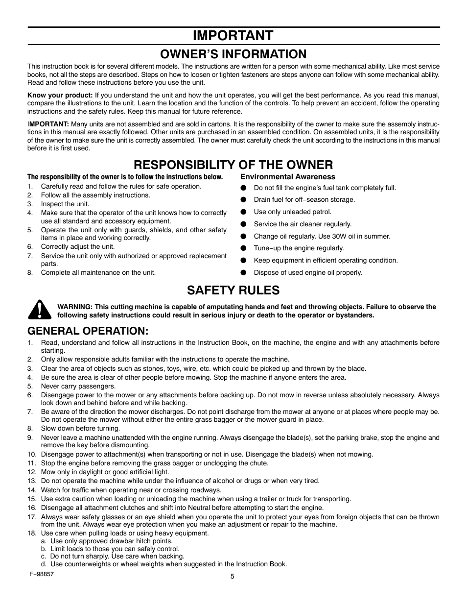 Important, Owner’s information, Responsibility of the owner | Safety rules, General operation | Hayter Mowers Heritage Tractor Code143P 30-Dec User Manual | Page 5 / 52