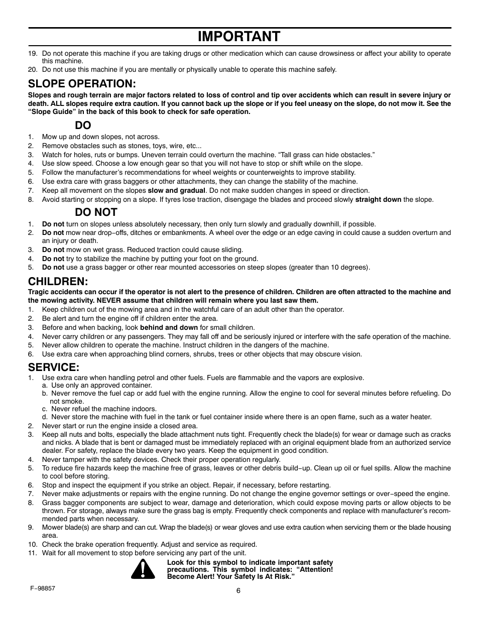 Important, Slope operation, Do not | Children, Service | Hayter Mowers Heritage Tractor Code143P 30-Dec User Manual | Page 6 / 52