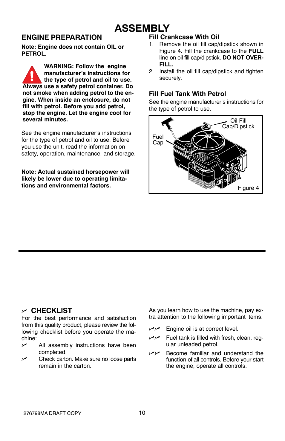 Assembly, Engine preparation, Checklist | Hayter Mowers 407D User Manual | Page 10 / 28