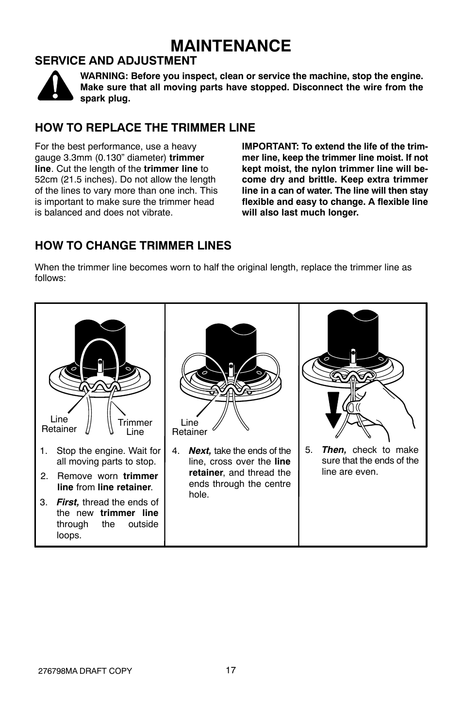 Maintenance, Service and adjustment, How to replace the trimmer line | How to change trimmer lines | Hayter Mowers 407D User Manual | Page 17 / 28