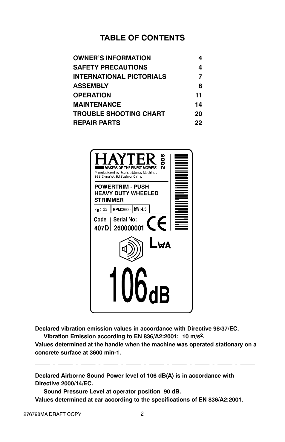 Hayter Mowers 407D User Manual | Page 2 / 28