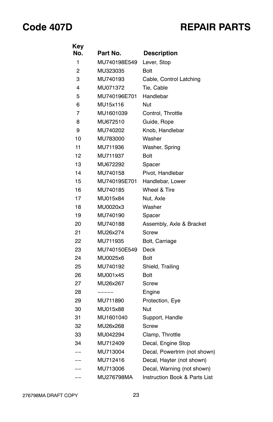 Code 407d repair parts | Hayter Mowers 407D User Manual | Page 23 / 28