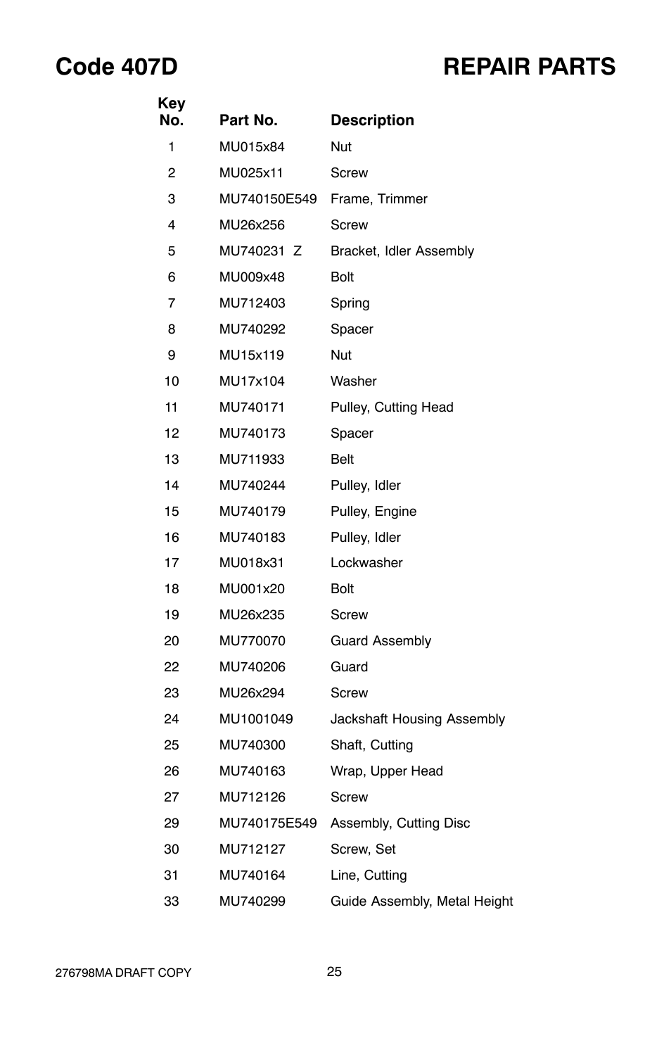 Code 407d repair parts | Hayter Mowers 407D User Manual | Page 25 / 28