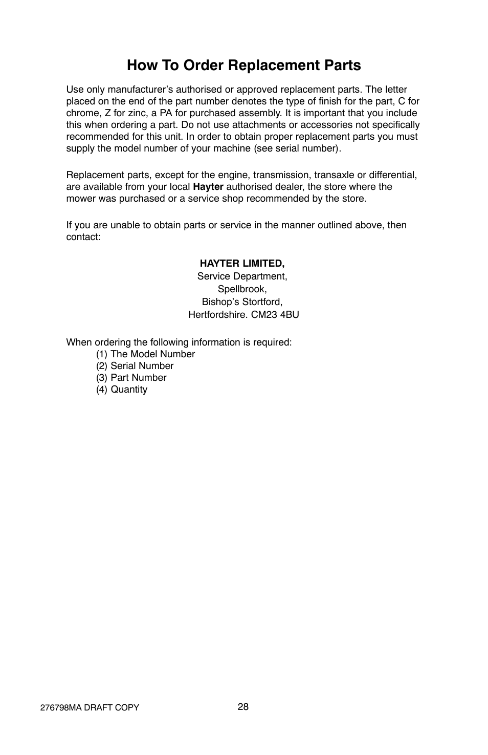 How to order replacement parts | Hayter Mowers 407D User Manual | Page 28 / 28