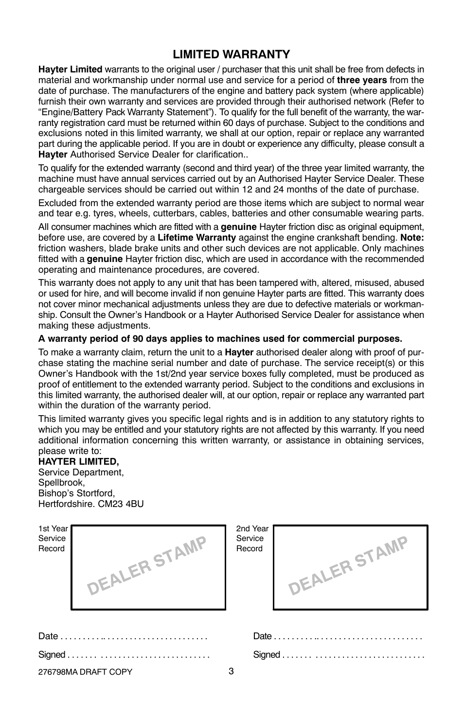 Limited warranty | Hayter Mowers 407D User Manual | Page 3 / 28