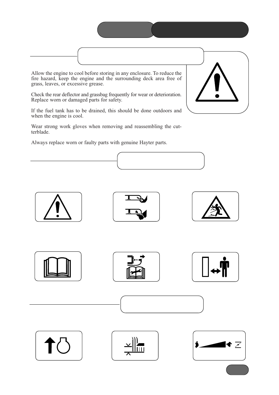 Maintenance & storage safety precautions, Safety symbols, Decal symbols | Hayter Mowers 481A User Manual | Page 9 / 36