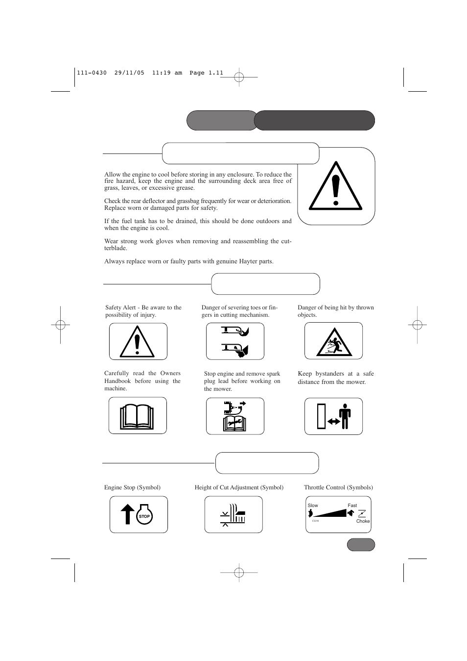 Safety precautions, Maintenance & storage safety symbols, Decal symbols | Hayter Mowers Hayterette 005D User Manual | Page 11 / 36