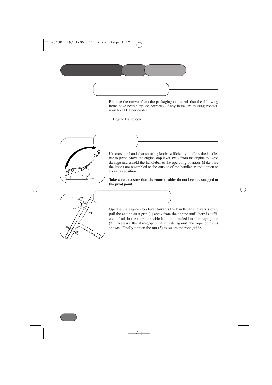 Assembling the mower, Handlebar delivery checklist engine start grip | Hayter Mowers Hayterette 005D User Manual | Page 12 / 36